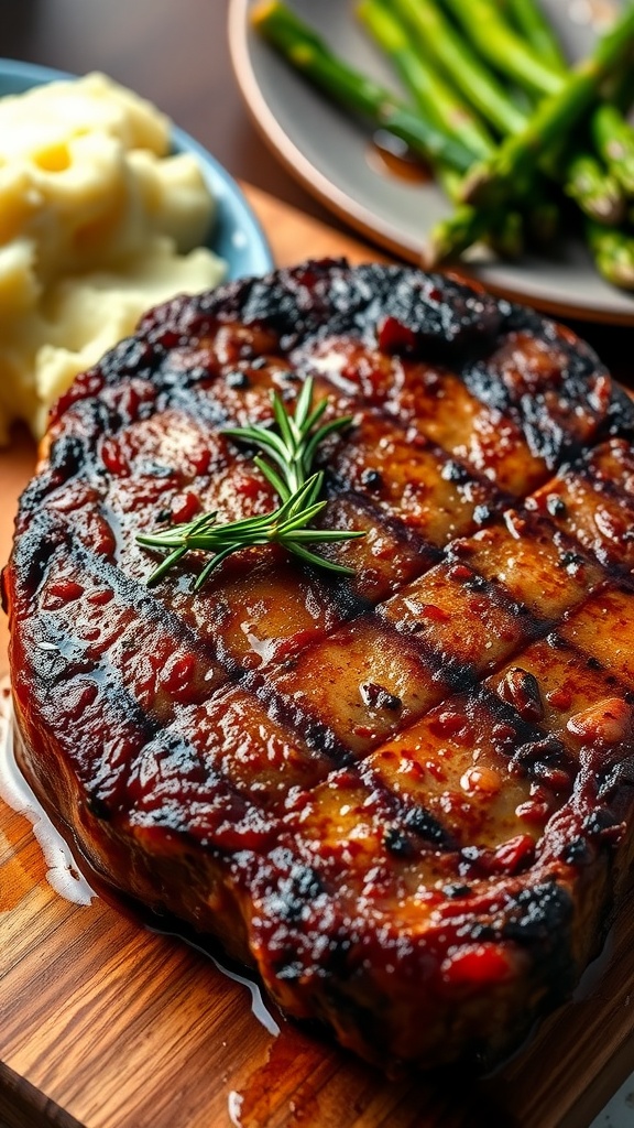Delicious Steak 48 Recipe A juicy ribeye steak garnished with rosemary on a wooden board, served with mashed potatoes and asparagus.